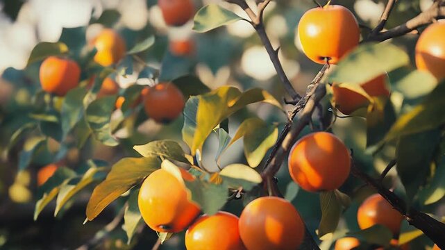 Ripe orange paradise apples growing on branch in orchard