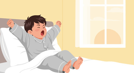 Fototapeta premium Boy Waking Up And Stretching In Bed, Morning Routine Illustration Vector