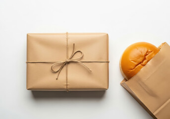 A giftwrapped package next to a bread bun in a paper bag