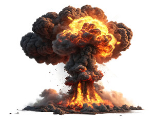 Massive nuclear explosion with a mushroom cloud, fire, smoke, and debris isolated on transparent background