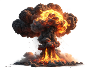 Massive nuclear explosion with a mushroom cloud, fire, smoke, and debris isolated on transparent background