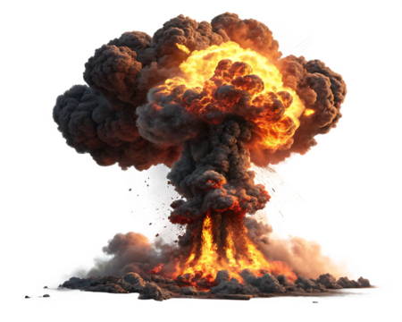 Massive nuclear explosion with a mushroom cloud, fire, smoke, and debris isolated on transparent background