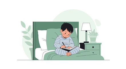 Boy Writes In His Notebook Sitting On Bed Illustration