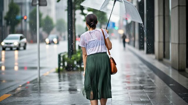 雨の夜、傘をさして歩道を歩くワンピースの女性の後ろ姿
