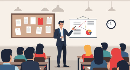 Obraz premium Business Presentation With Man Explaining Graph To His Colleagues Audience