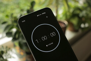 A phone with a black and white 1 hour timer to study with the pomodoro method on a green, plants background