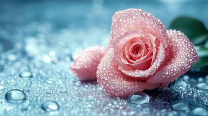 Close-up of a delicate pink rose adorned with sparkling water droplets, resting on a glistening blue surface with scattered reflections and bokeh lights