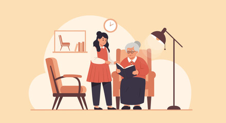 Fototapeta premium Caring Granddaughter Reading With Her Grandmother And Spending Quality Time Together