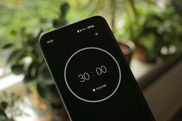 A phone with a black and white 30-minute timer to study with the pomodoro method on a green, plants background