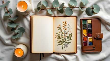An overhead flat lay of a vintage botanical sketchbook with worn leather cover and yellowed pages .