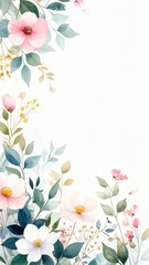 Fototapeta premium Watercolor Floral Illustration Featuring Pink and White Flowers and Green Leaves