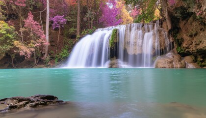 Obraz premium Majestic Waterfall Cascading into Serene Turquoise Pool Surrounded by Vibrant Flora