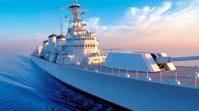 Modern naval vessel sailing across calm blue ocean at sunset, with advanced weaponry and communication systems visible. Drone flying near ship. Soft pastel sky with wispy clouds.