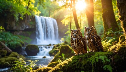Owls by Waterfall in Forest Sunrise