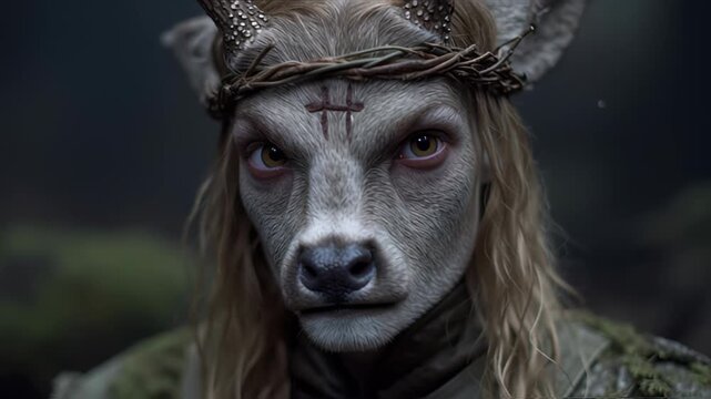Mystical deer-human hybrid with crown of thorns in forest.