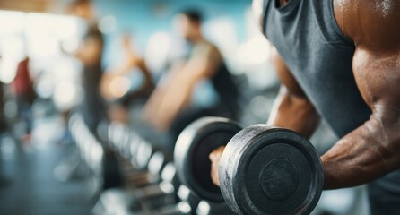Close-up of a man lifting weights in a gym, with the focus on his biceps and dumbbells, and a blurred background of people working out Generative AI