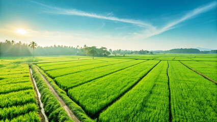 Fototapeta premium Lush Green Rice Field at Sunrise – Scenic Rural Landscape