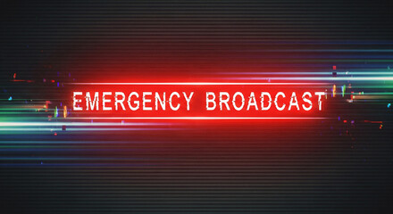 Glitchy neon sign announces important emergency broadcast message urgently on dark screen
