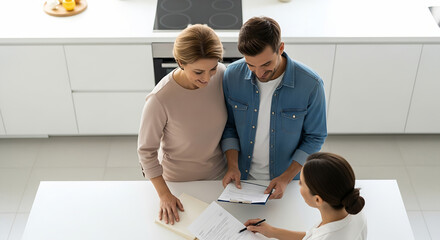 Happy couple signing documents with agent in modern, bright kitchen while making real estate purchase