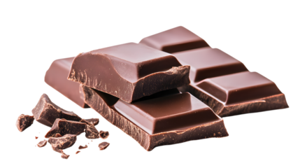 A piece of chocolate is cut into four pieces and is laying on a white background. The chocolate is partially eaten, with some pieces missing. Concept of indulgence and enjoyment