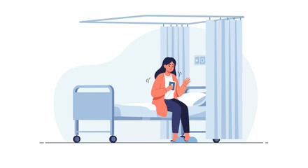 Anxious young woman in hospital bed seeking medical attention and support for illness