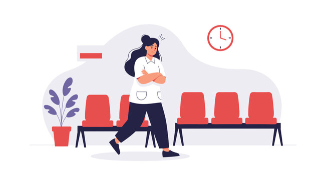 Anxious Woman Pacing in Waiting Room While Clock Ticks Slowly