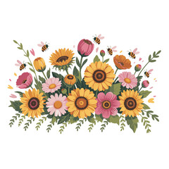 Vibrant floral bouquet with sunflowers and bees, perfect for spring or summer designs.