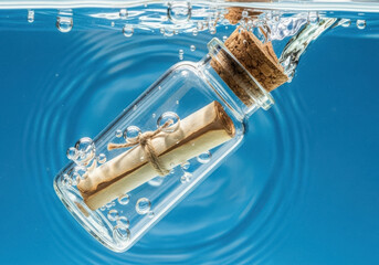 Message in a bottle submerged in water