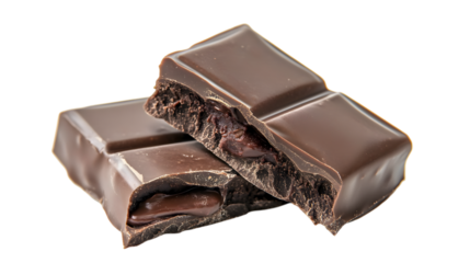 Two pieces of chocolate with a bite taken out of them. The chocolate is dark and has a rich, almost bitter taste. Concept of indulgence and pleasure