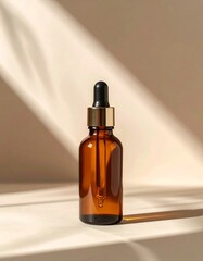 Naklejka premium Amber Glass Bottle with Gold Dropper on Beige Surface in Soft Sunlight