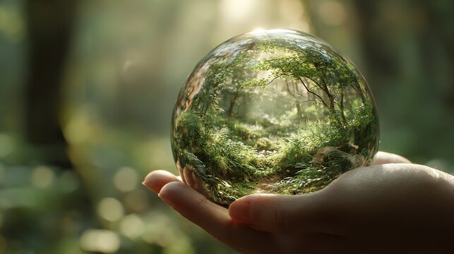 Hands holding globe on green nature forest background

