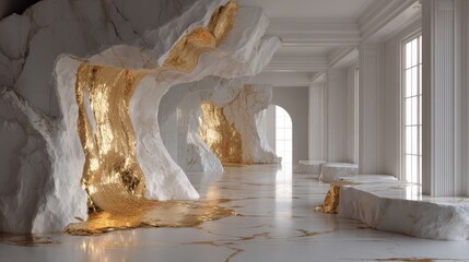 White marble palace interior with golden accents and abstract rock formations