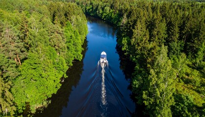 Aerial View of a Solitary Motorboat Cruising a Winding Deep Blue River Through a Lush Forest.