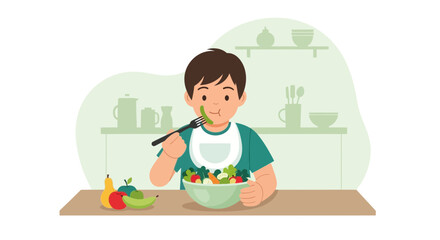 Boy Enjoys Healthy Eating Habits With A Delicious And Colorful Salad In The Kitchen