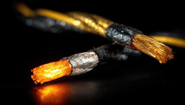 Glowing wire ends close-up, dark background, electrical repair