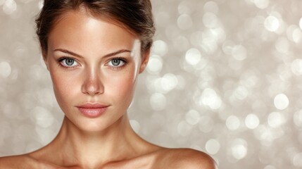 Naklejka premium Female Model Showcasing Radiant Skin After Dermaplaning Against a Soft Bokeh Backdrop in an Elegant Setting