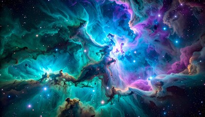Fototapeta premium Celestial Tapestry of Swirling Turquoise and Magenta Nebulae.