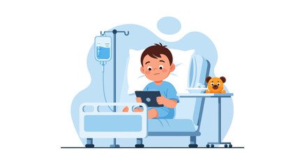 Boy In Hospital Bed Using Tablet For Entertainment During Treatment