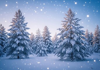 Obraz premium Snow covered trees in a winter wonderland landscape with falling snow