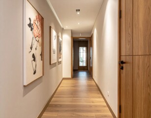 Fototapeta premium Well Lit Hallway with Wooden Floors Gray Walls and Abstract Art Pieces