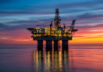 Oil rig platform offshore at sunset energy production drilling extraction industry