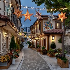 Vibrant festive alley filled with star lanterns high resolution picture