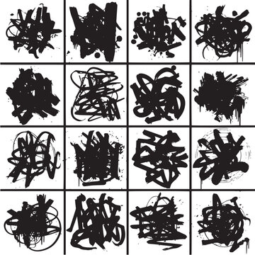 A collection of hand-drawn black ink scribbles and brush strokes