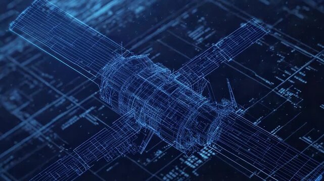 Futuristic hologram of space station floating over blueprints