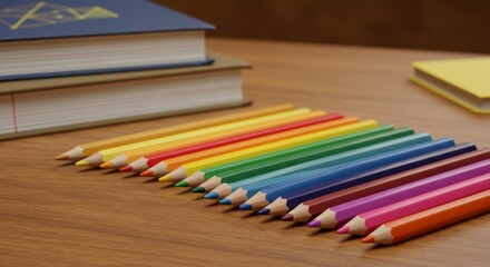 Obraz premium A vibrant rainbow of colored pencils for school art projects on a wooden desk, isolated for creative designs. 