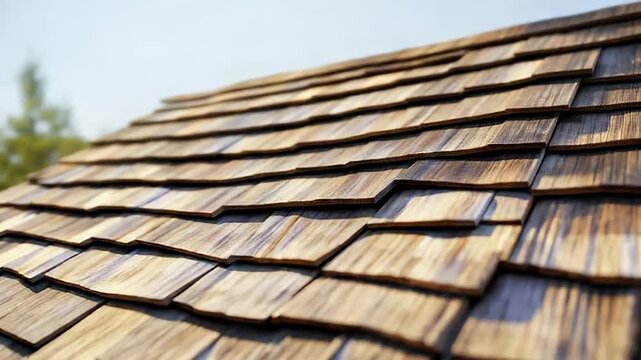 Close up of wooden shingles creating textured roof surface