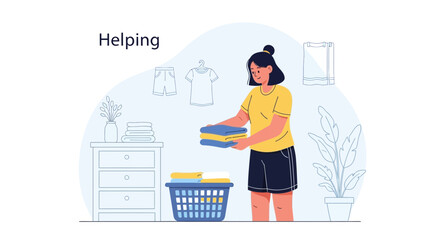 A cheerful woman folds clothes in a bright laundry room, symbolizing domesticity and home care