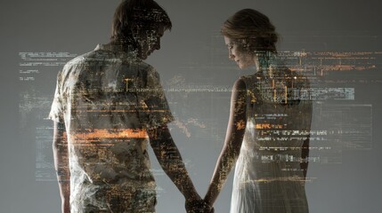 Young couple holding hands with cityscape and computer code overlay
