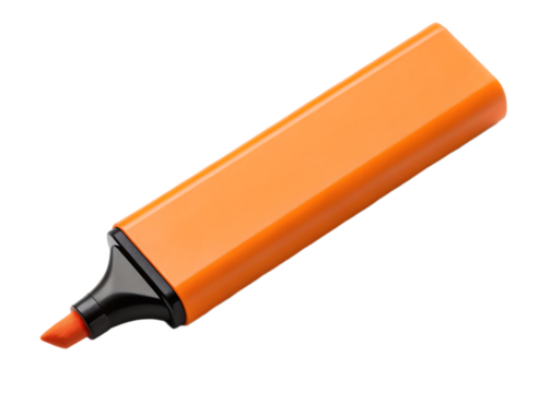 A close up shot of an orange highlighter with a black tip isolated against a black background
