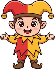 Obraz premium Cute jester clown character with red and yellow costume joyful expression vector illustration 